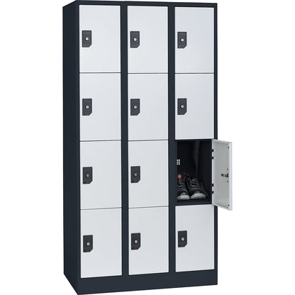 Stuttgart 4-fold compartment locker, 3 compartments, W 900 mm, charcoal / light grey.