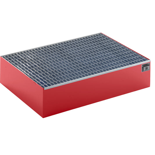 Pallet sump tray, LxWxH 1200 x 800 x 260 mm, red RAL 3000, with grate.