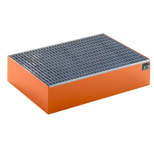 Pallet sump tray, LxWxH 1200 x 800 x 260 mm, orange RAL 2000, with grate.