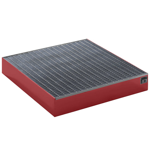 Pallet sump tray, LxWxH 1200 x 1200 x 185 mm, red RAL 3000, with grate.