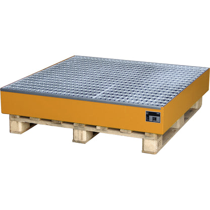 Pallet sump tray, LxWxH 1200 x 1200 x 185 mm, orange RAL 2000, with grate.