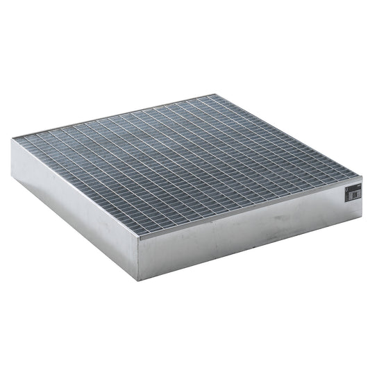 Pallet sump tray, LxWxH 1200 x 1200 x 185 mm, hot dip galvanised, with grate.