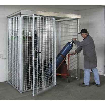 Mesh gas cylinder cage, with roof and single hinged door, WxD 1085 x 1085 mm.