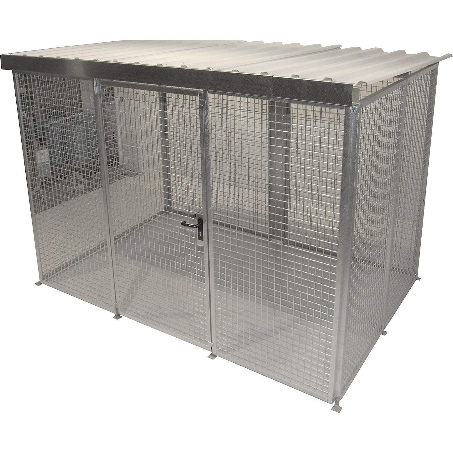 Mesh gas cylinder cage, with roof and single hinged door, WxD 3100 x 2100 mm.