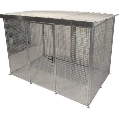 Mesh gas cylinder cage, with roof and single hinged door, WxD 3100 x 2100 mm.