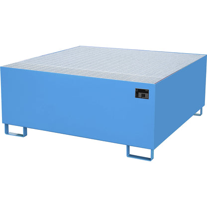 Steel sump tray for IBC/CTC tank containers, LxWxH 1460 x 1460 x 630 mm, sump capacity 1000 l, painted, blue RAL 5012.