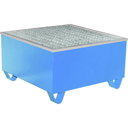 Steel sump tray with PE insert, for 200 l drums, LxWxH 815 x 815 x 468 mm, painted blue.