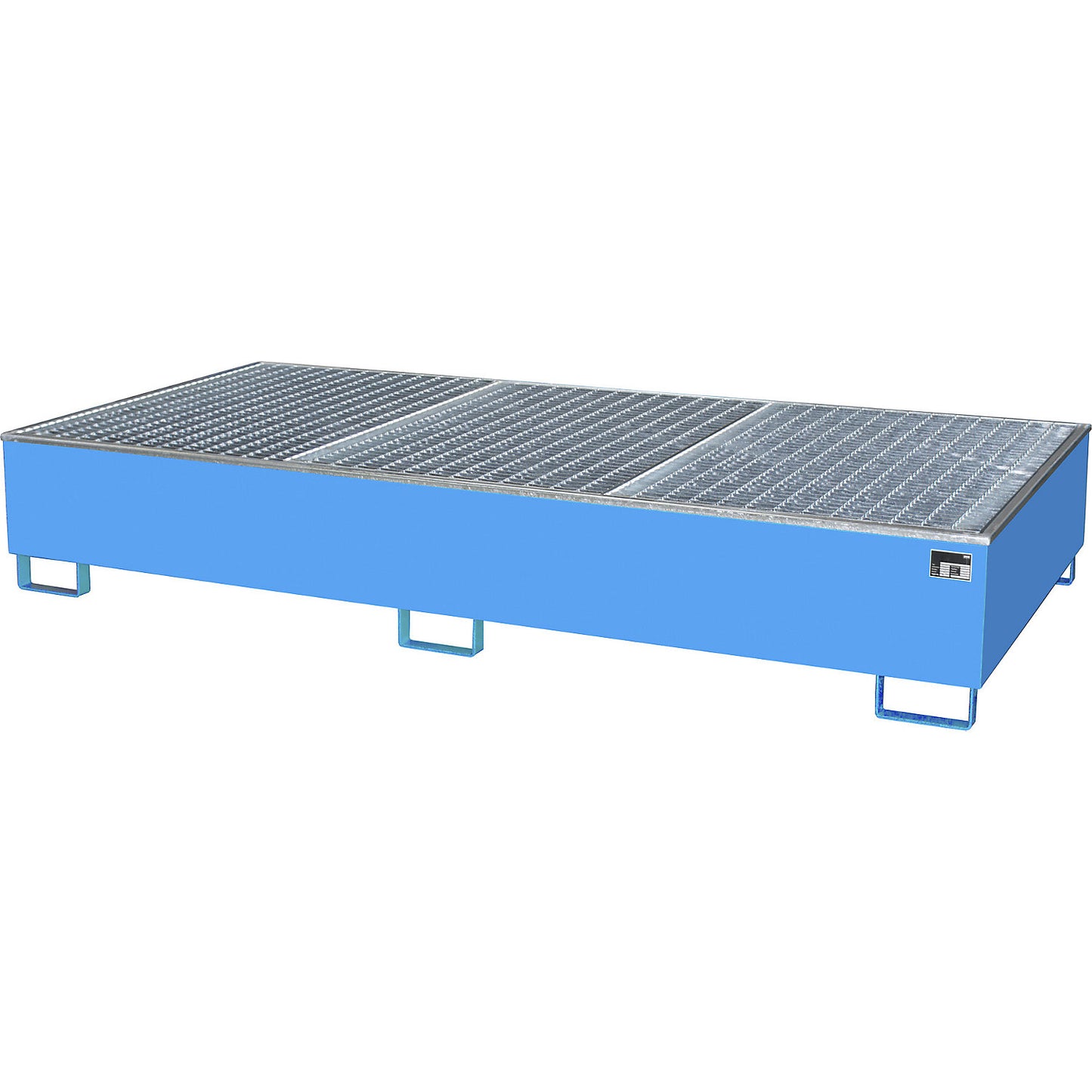 Steel sump tray with PE insert, 1000 l, for 2 x IBC/CTC, LxWxH 2665 x 1315 x 440 mm, painted blue.