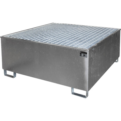 Steel sump tray with PE insert, 1000 l, for 1 x IBC/CTC, LxWxH 1475 x 1475 x 630 mm, zinc plated.