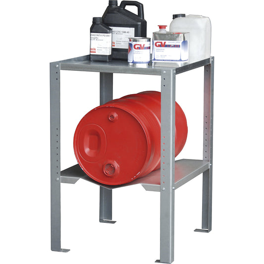 Drum and small container rack, with 1 drum support 60 l and 1 shelf, HxWxD 900 x 698 x 608 mm.
