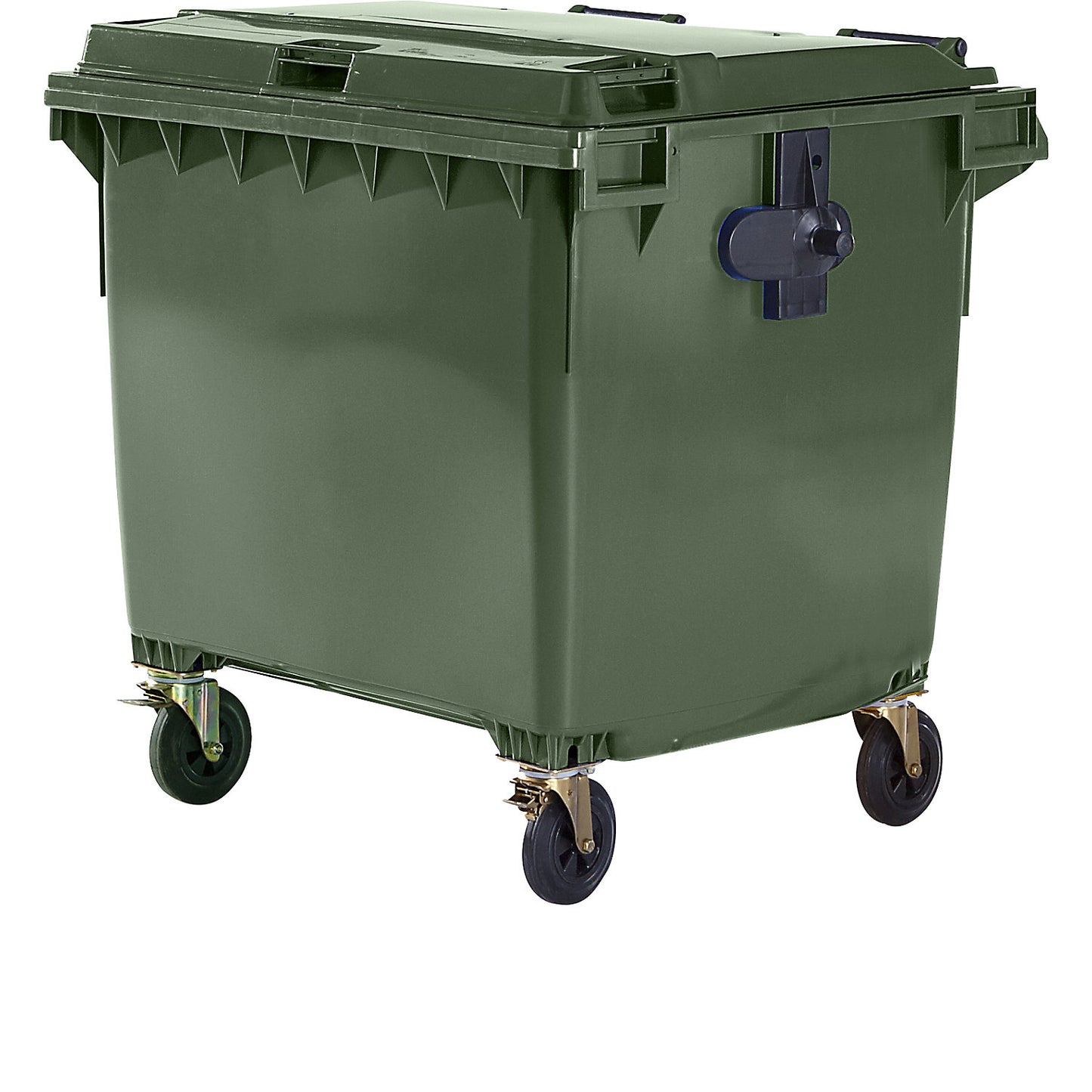 Plastic waste container, DIN EN 840, capacity 1100 l, WxHxD 1370 x 1470 x 1115 mm, green.