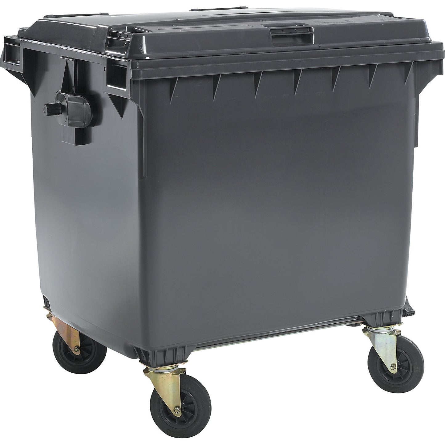 Plastic waste container, DIN EN 840, capacity 1100 l, WxHxD 1370 x 1470 x 1115 mm, anthracite.