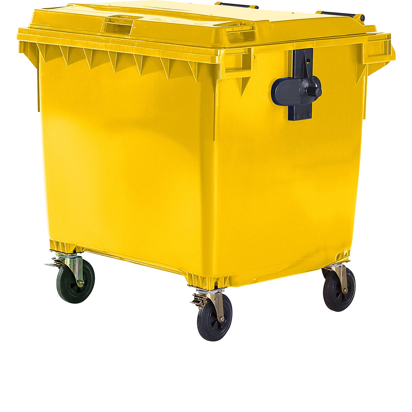 Plastic waste container, DIN EN 840, capacity 1100 l, WxHxD 1370 x 1470 x 1115 mm, yellow.