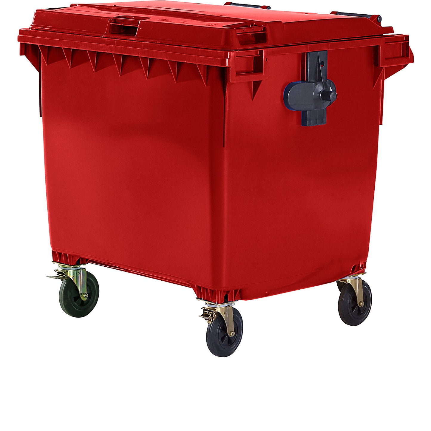 Plastic waste container, DIN EN 840, capacity 1100 l, WxHxD 1370 x 1470 x 1115 mm, red.