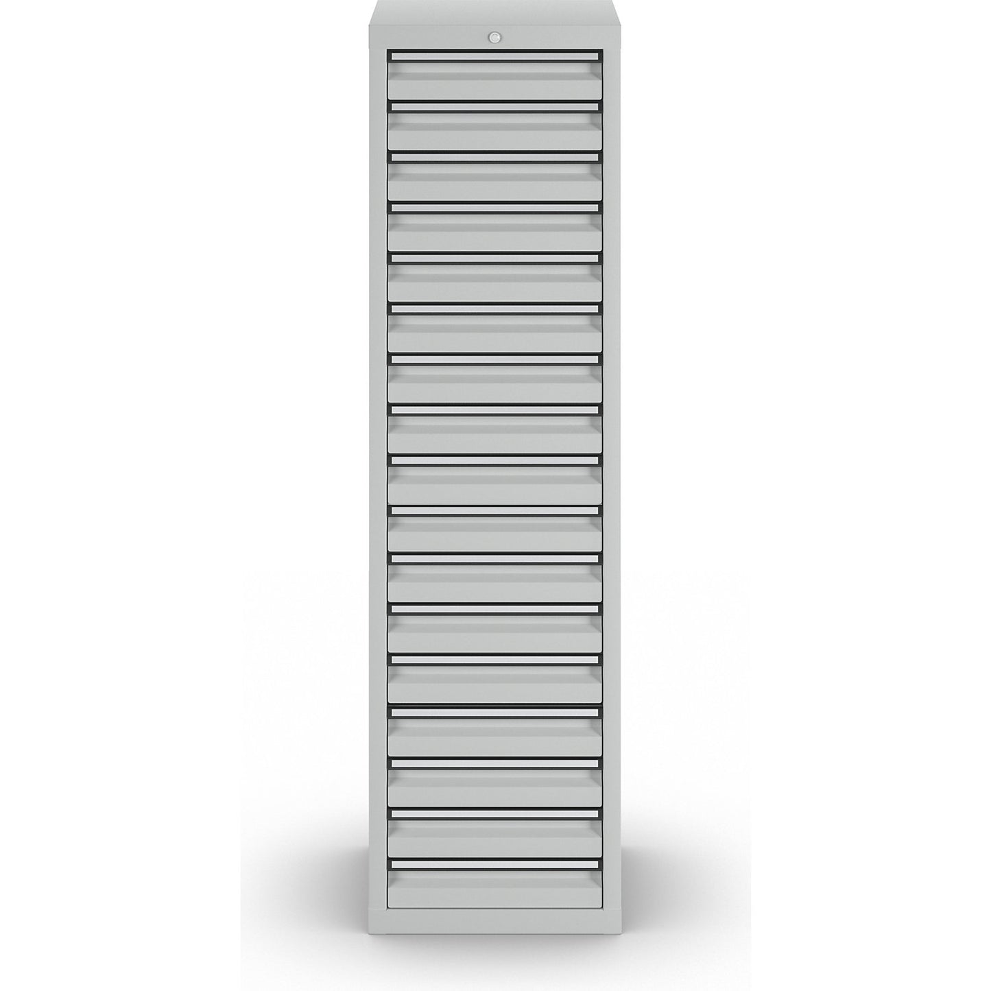 Drawer cupboard, HxWxD 1800 x 500 x 500 mm, 17 drawers 100 mm high, grey body and drawers.