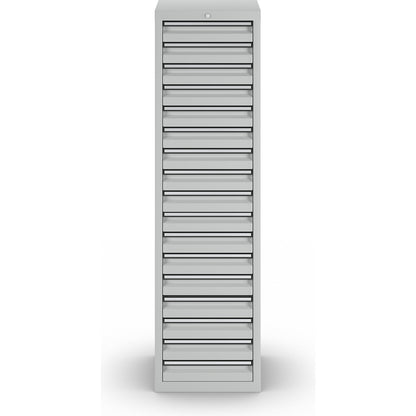 Drawer cupboard, HxWxD 1800 x 500 x 500 mm, 17 drawers 100 mm high, grey body and drawers.