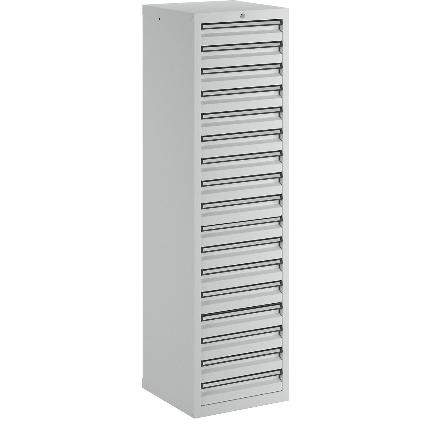 Drawer cupboard, HxWxD 1800 x 500 x 500 mm, 17 drawers 100 mm high, grey body and drawers.