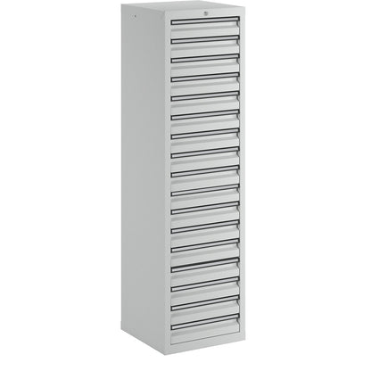 Drawer cupboard, HxWxD 1800 x 500 x 500 mm, 17 drawers 100 mm high, grey body and drawers.