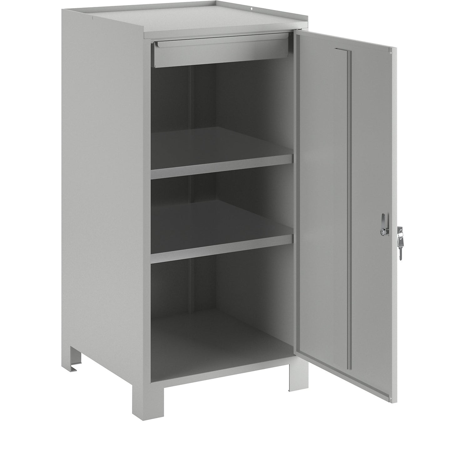 Tool cupboard with feet, HxWxD 1000 x 500 x 500 mm, 1 drawer, 2 shelves, light grey RAL 7035.