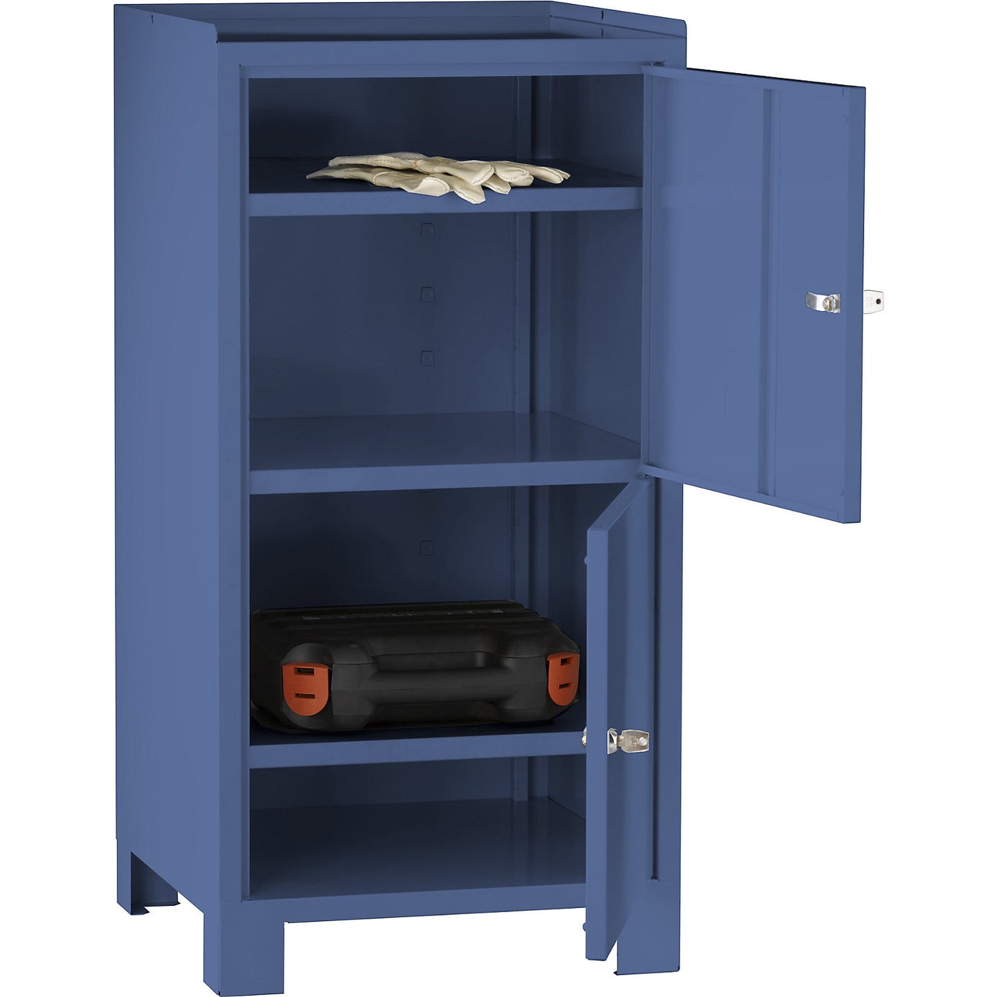 Tool cupboard with feet, HxWxD 1000 x 500 x 500 mm, 2 lockable compartments with 1 shelf each, brilliant blue RAL 5007.