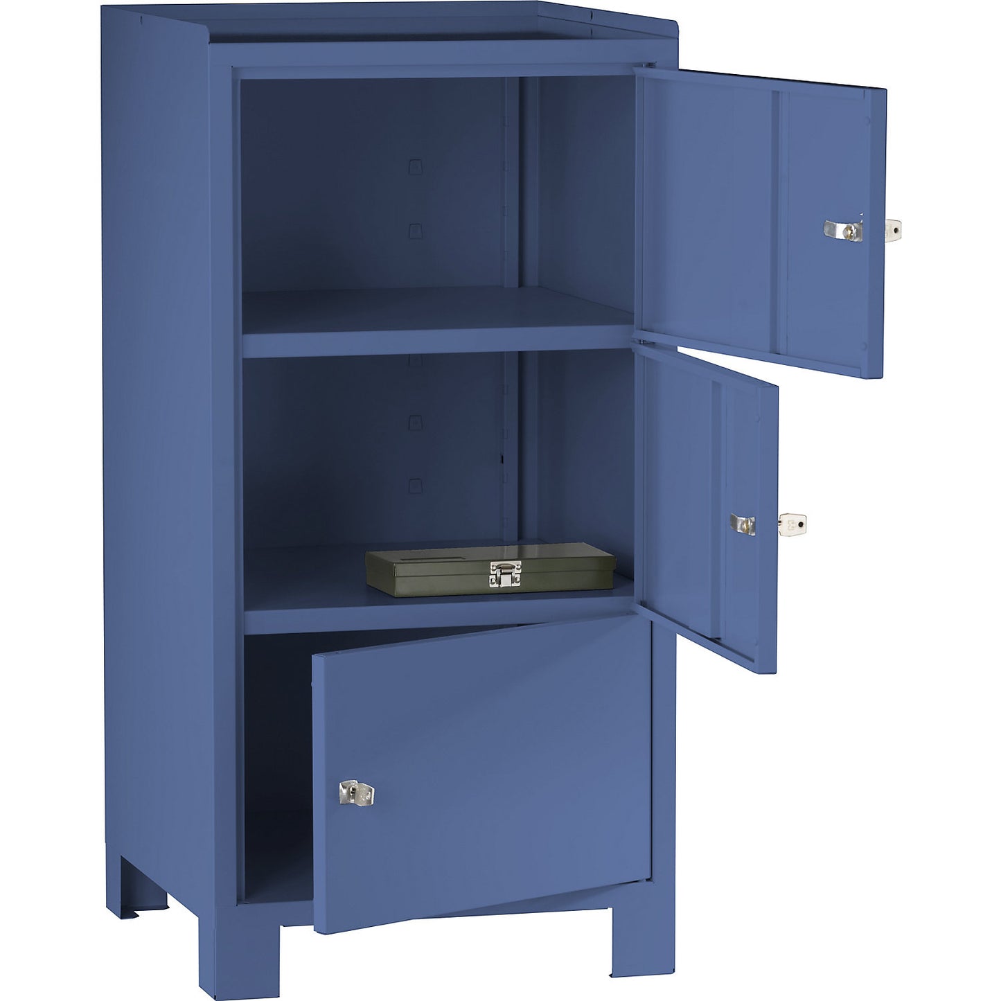 Tool cupboard with feet, HxWxD 1000 x 500 x 500 mm, 3 lockable compartments, brilliant blue RAL 5007.