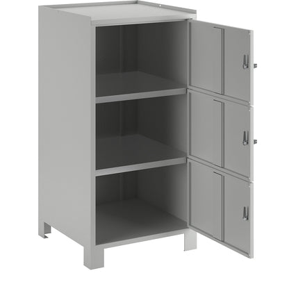 Tool cupboard with feet, HxWxD 1000 x 500 x 500 mm, 3 lockable compartments, light grey RAL 7035.