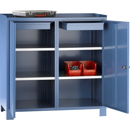Tool cupboard with feet, HxWxD 1000 x 1000 x 500 mm, partition, 1 drawer and 2 shelves on each side, brilliant blue RAL 5007.
