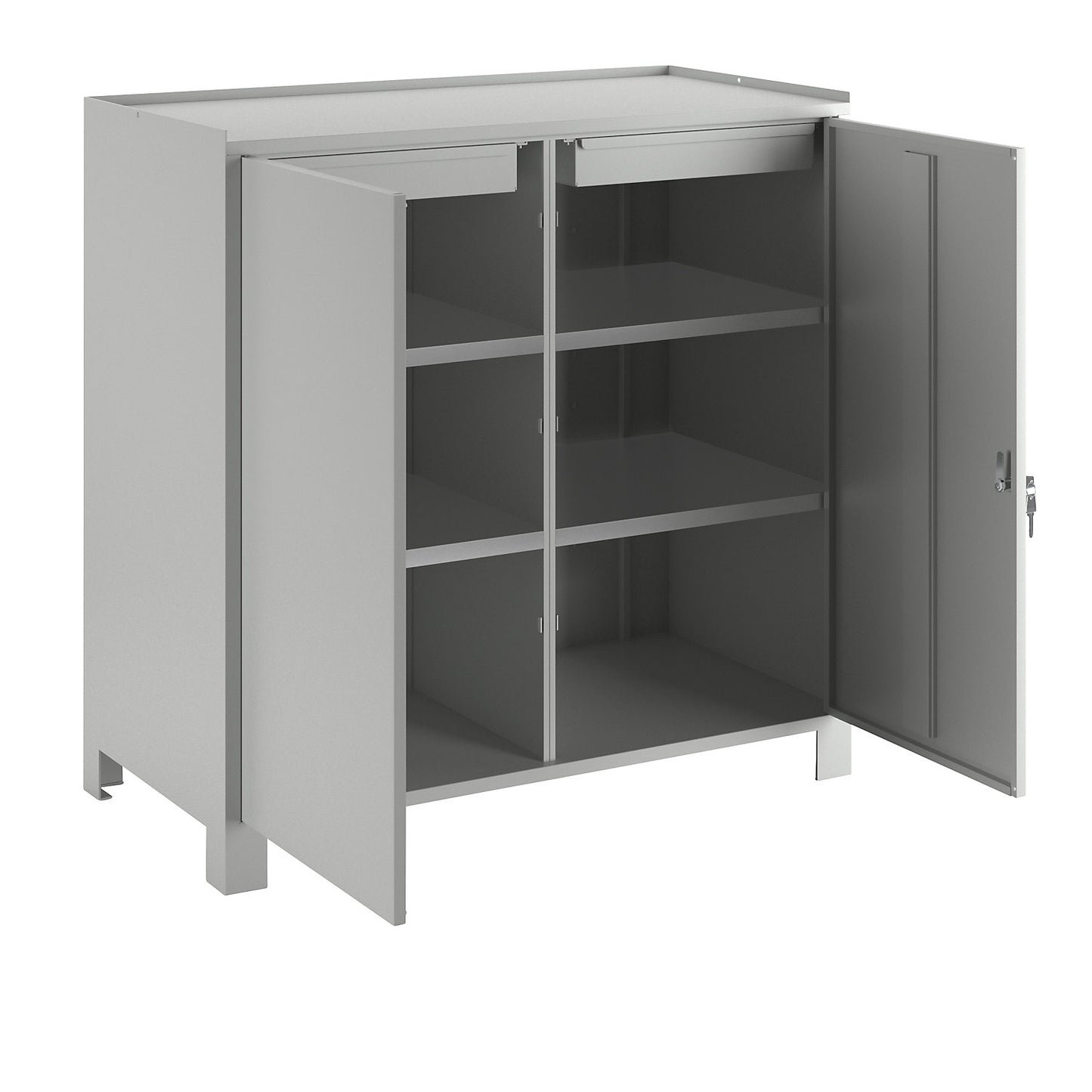 Tool cupboard with feet, HxWxD 1000 x 1000 x 500 mm, partition, 1 drawer and 2 shelves on each side, light grey RAL 7035.