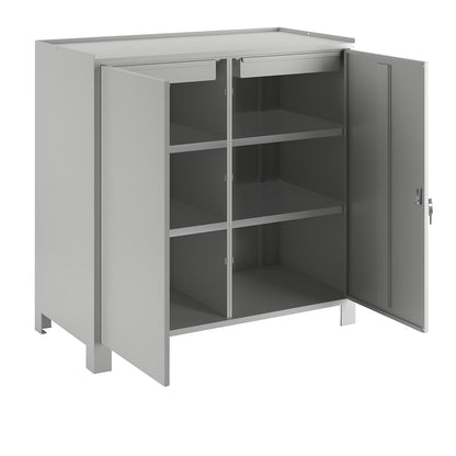 Tool cupboard with feet, HxWxD 1000 x 1000 x 500 mm, partition, 1 drawer and 2 shelves on each side, light grey RAL 7035.