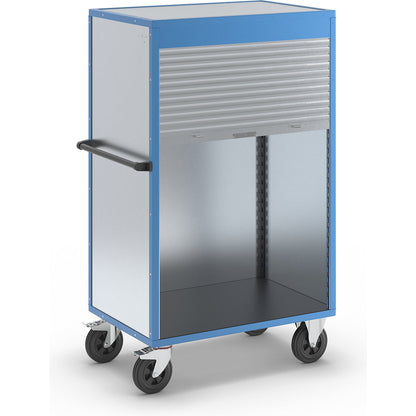 Cupboard trolley, roller shutter made of aluminium, without shelves.