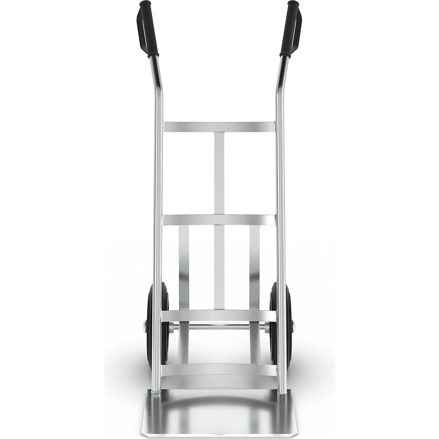 Sack truck made of zinc plated steel, with arched crosspieces, puncture-proof solid rubber tyres.