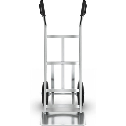 Sack truck made of zinc plated steel, with arched crosspieces, puncture-proof solid rubber tyres.