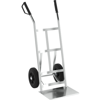 Sack truck made of zinc plated steel, with arched crosspieces, puncture-proof solid rubber tyres.