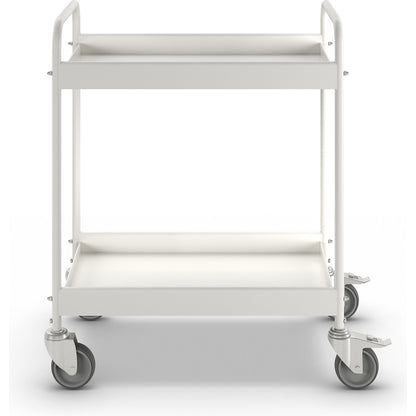 Table trolley, powder coated tubular steel, max. load 40 kg, 2 shelves, pure white RAL 9010, 4 swivel castors, 2 with double stops.