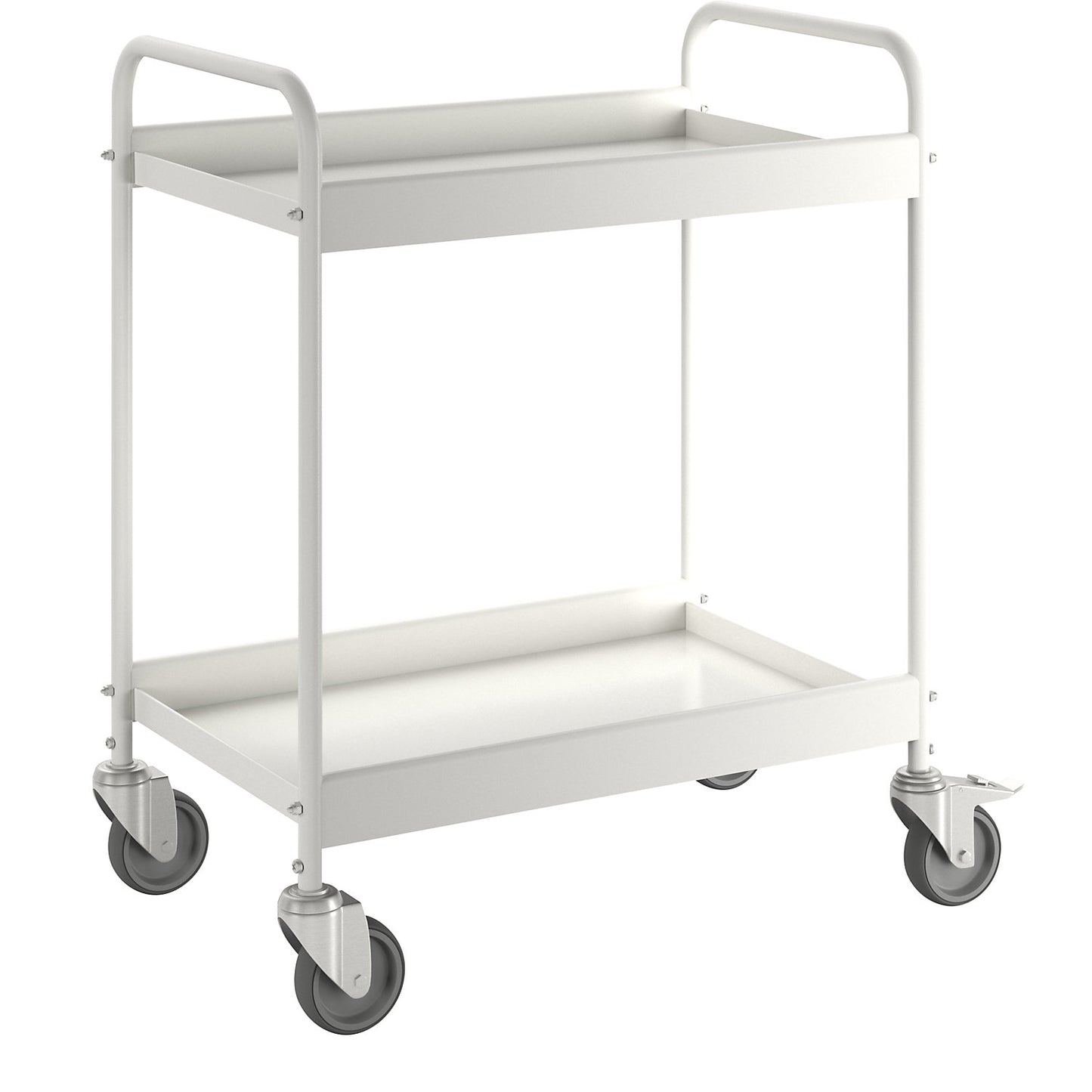 Table trolley, powder coated tubular steel, max. load 40 kg, 2 shelves, pure white RAL 9010, 4 swivel castors, 2 with double stops.
