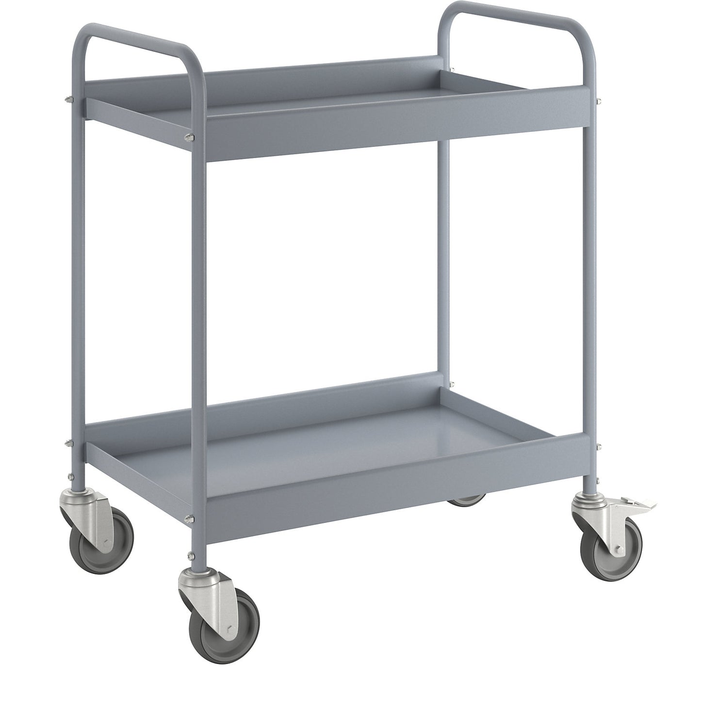 Table trolley, powder coated tubular steel, max. load 40 kg, 2 shelves, silver grey RAL 7001, 4 swivel castors, 2 with double stops.