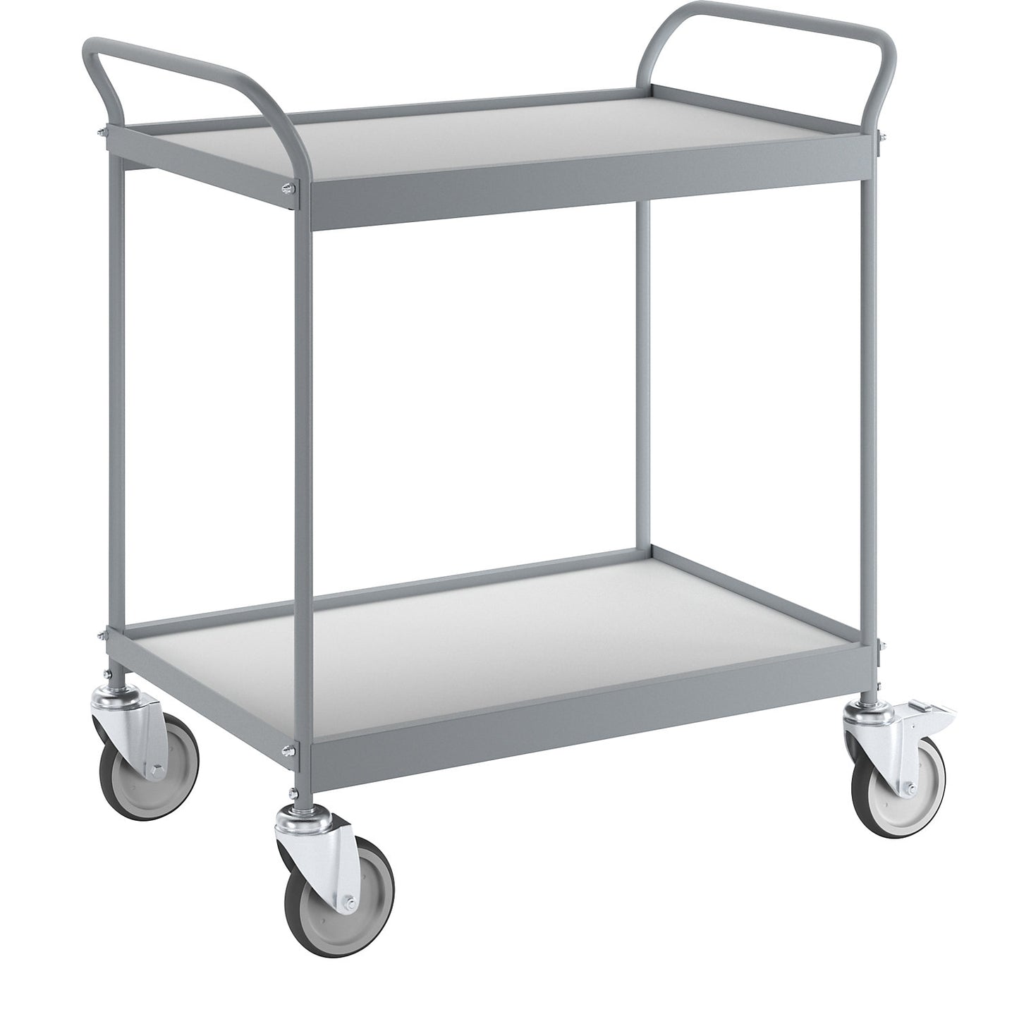 Serving trolley, platform 785 x 545 mm, max. load 150 kg, 2 shelves, 4 swivel castors, 2 with double stops.