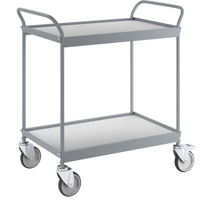 Serving trolley, platform 785 x 545 mm, max. load 150 kg, 2 shelves, 4 swivel castors, 2 with double stops.