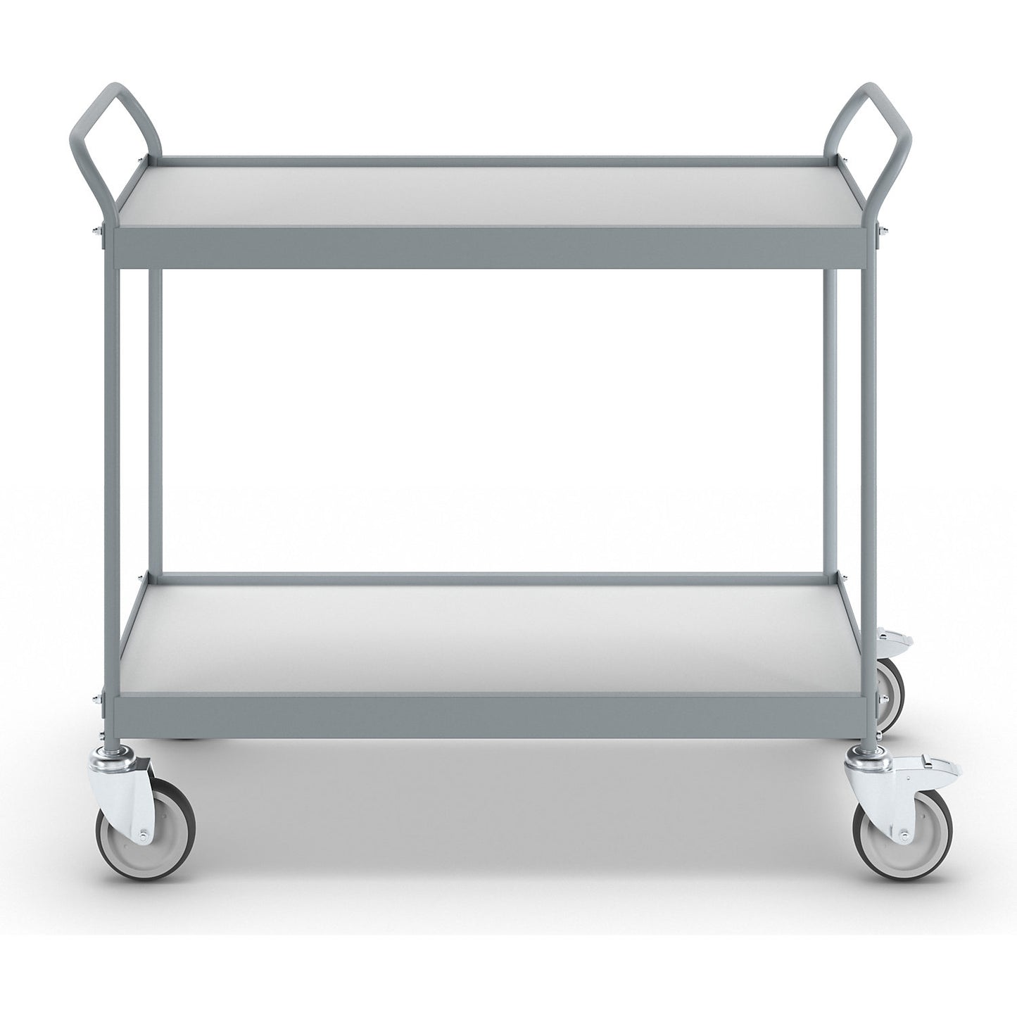 Serving trolley, platform 990 x 545 mm, max. load 150 kg, 2 shelves, 4 swivel castors, 2 with double stops.