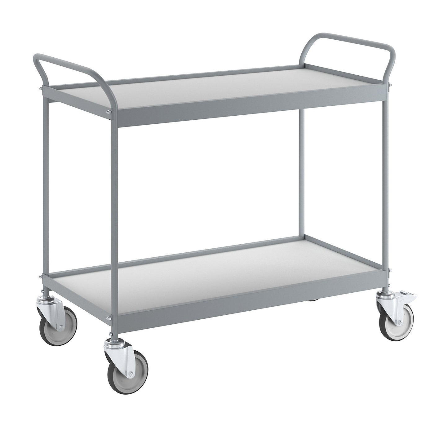 Serving trolley, platform 990 x 545 mm, max. load 150 kg, 2 shelves, 4 swivel castors, 2 with double stops.