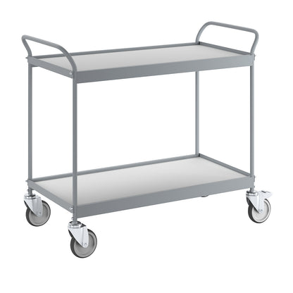 Serving trolley, platform 990 x 545 mm, max. load 150 kg, 2 shelves, 4 swivel castors, 2 with double stops.