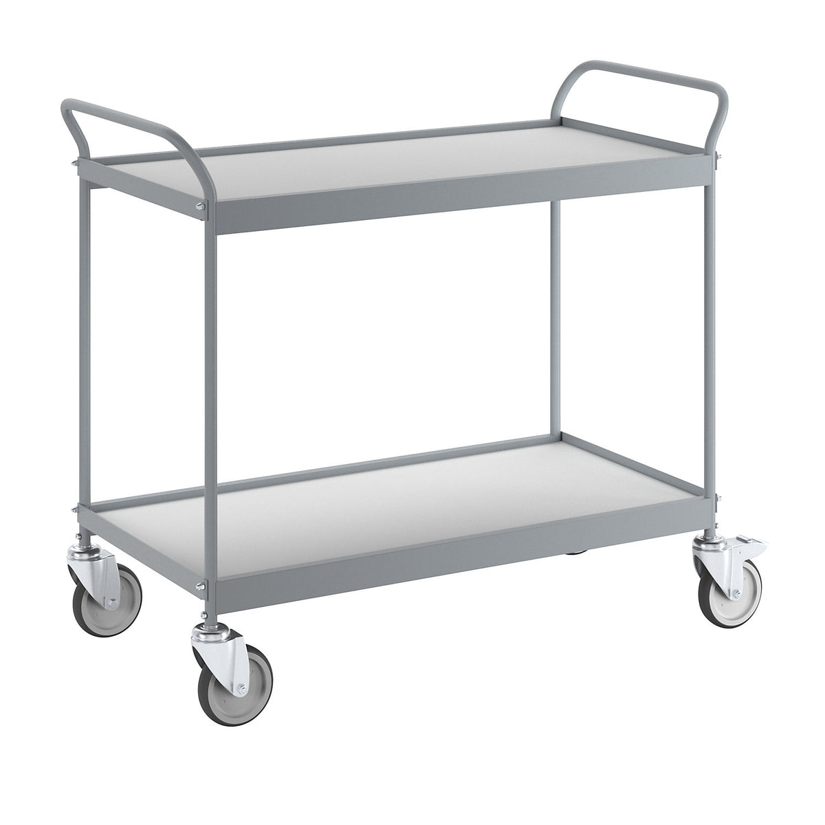 Serving trolley, platform 990 x 545 mm, max. load 150 kg, 2 shelves, 4 swivel castors, 2 with double stops.