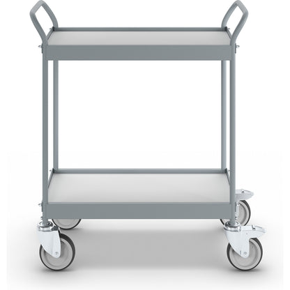 Serving trolley, platform 658 x 338 mm, max. load 75 kg, 2 shelves, 4 swivel castors, 2 with double stops.