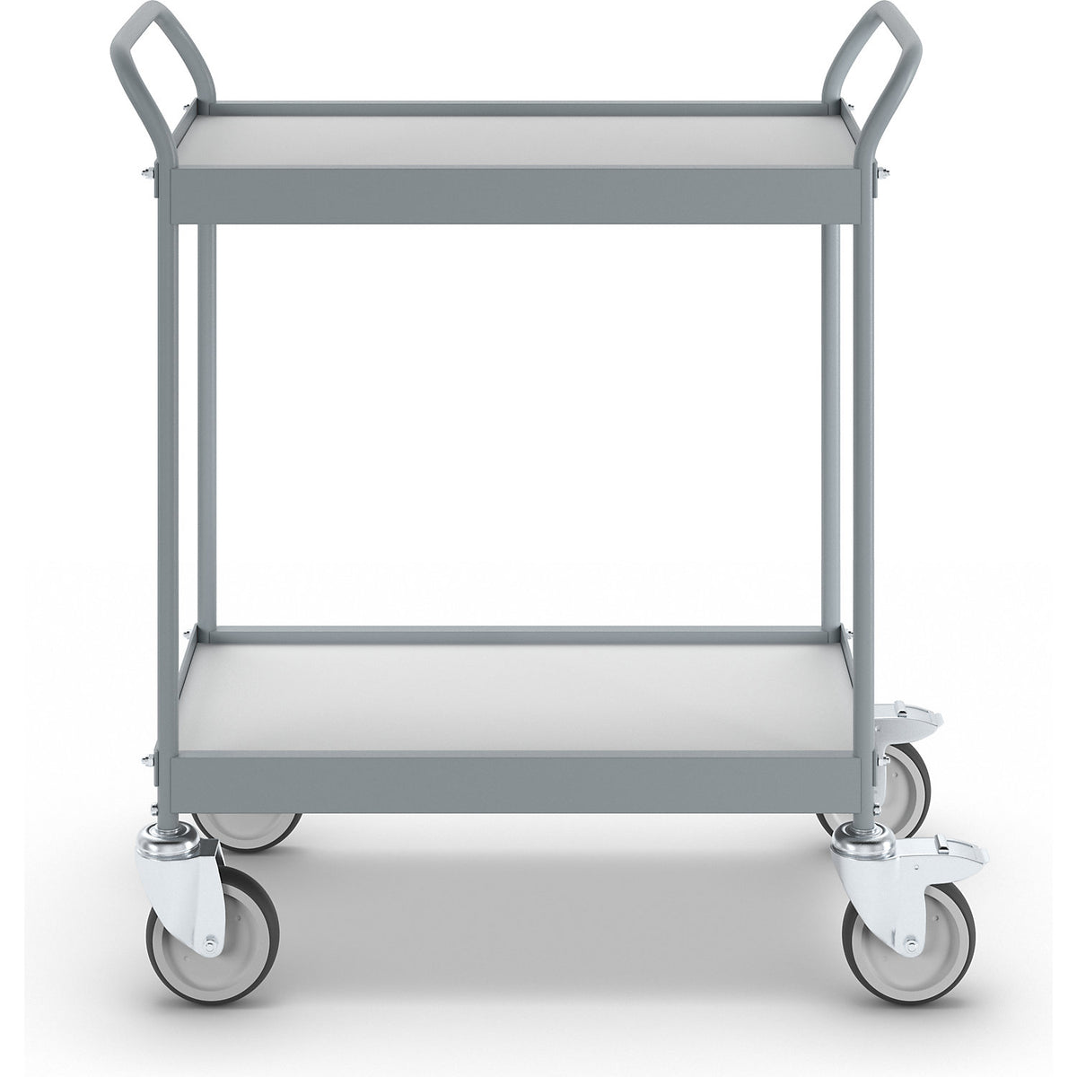 Serving trolley, platform 658 x 338 mm, max. load 75 kg, 2 shelves, 4 swivel castors, 2 with double stops.