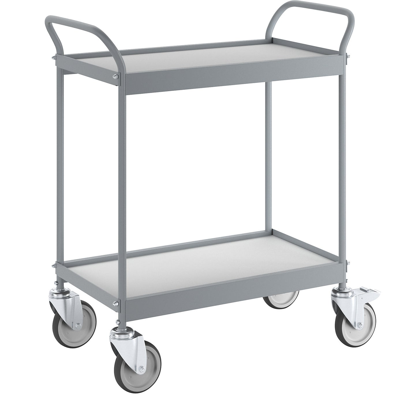 Serving trolley, platform 658 x 338 mm, max. load 75 kg, 2 shelves, 4 swivel castors, 2 with double stops.