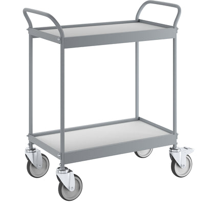 Serving trolley, platform 658 x 338 mm, max. load 75 kg, 2 shelves, 4 swivel castors, 2 with double stops.