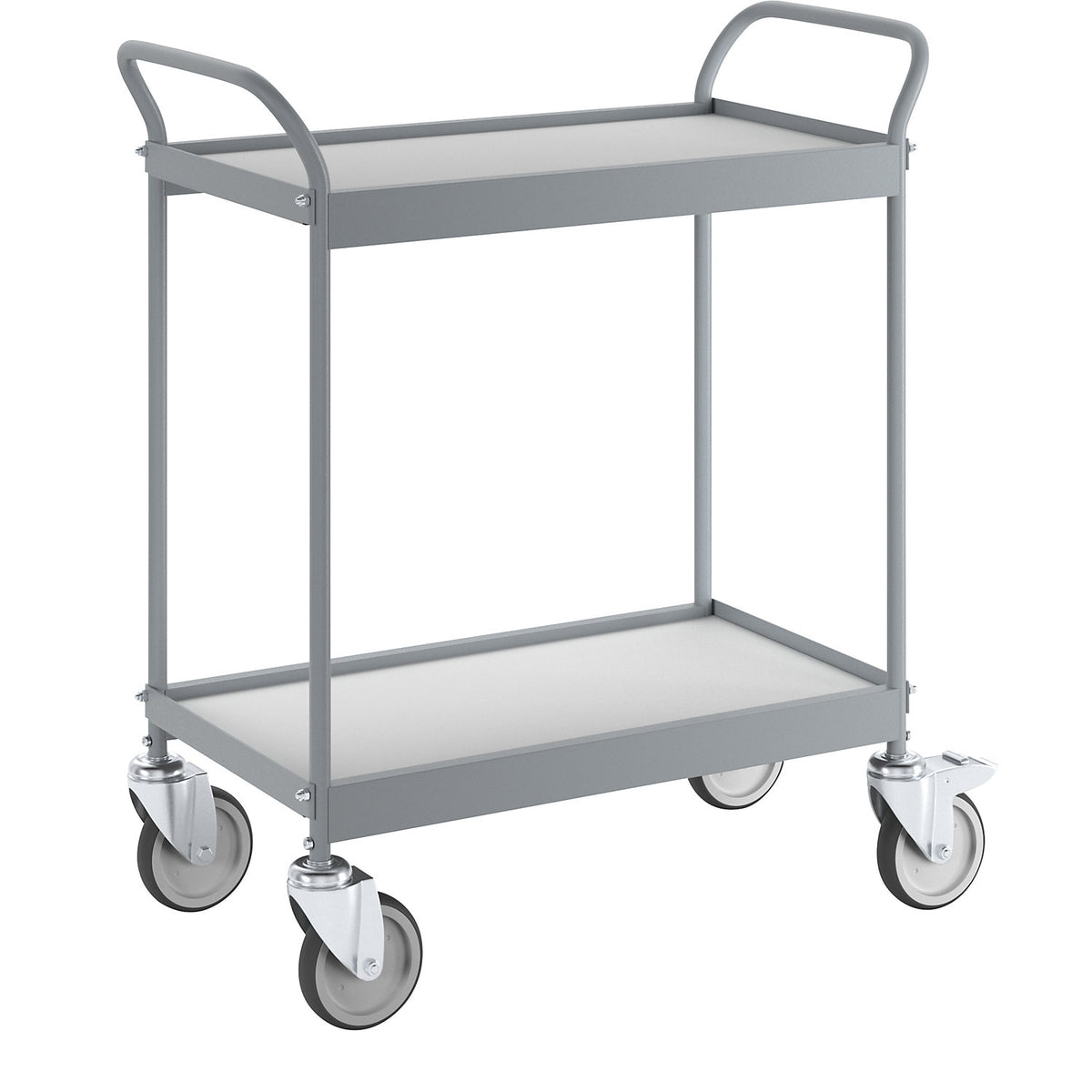 Serving trolley, platform 658 x 338 mm, max. load 75 kg, 2 shelves, 4 swivel castors, 2 with double stops.