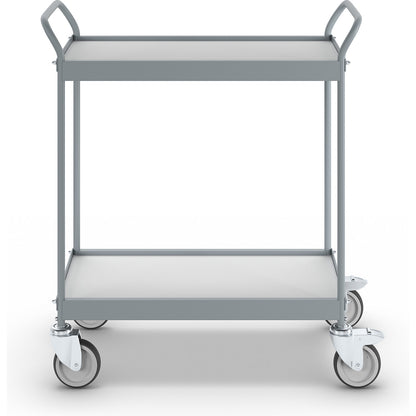 Serving trolley, platform 790 x 465 mm, max. load 75 kg, 2 shelves, 4 swivel castors, 2 with double stops.