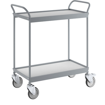 Serving trolley, platform 790 x 465 mm, max. load 75 kg, 2 shelves, 4 swivel castors, 2 with double stops.