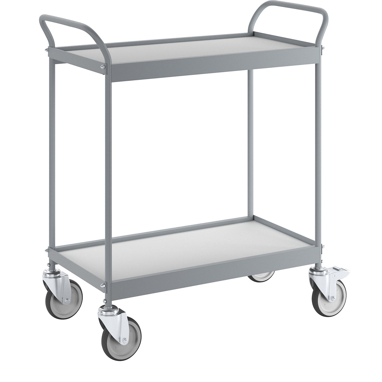 Serving trolley, platform 790 x 465 mm, max. load 75 kg, 2 shelves, 4 swivel castors, 2 with double stops.